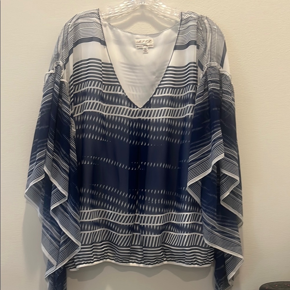 Nally & Millie Blue and White Asymmetrical Ruffled Blouse